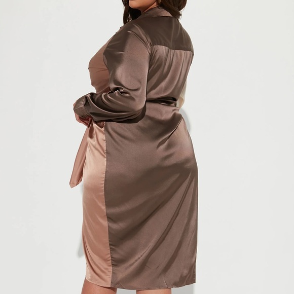 Mocha & Cream Satin Midi Dress - Long Sleeve - Size L - Picture 8 of 9